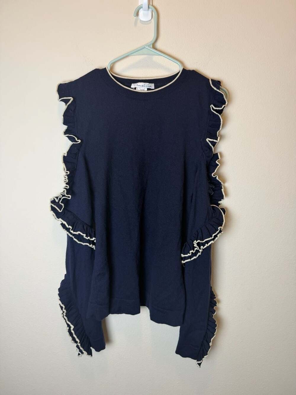 Oscar de la Renta Sweater Size XL/TG Navy Ruffle Virgin Wool Knit